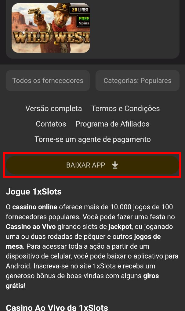 Botão de download do aplicativo 1xSlots